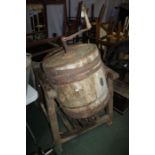 Butter churn and stand, the barrel with a cast iron handle, the topped marked CHIPPENHAM HATHAWAY
