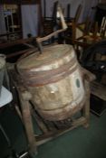 Butter churn and stand, the barrel with a cast iron handle, the topped marked CHIPPENHAM HATHAWAY