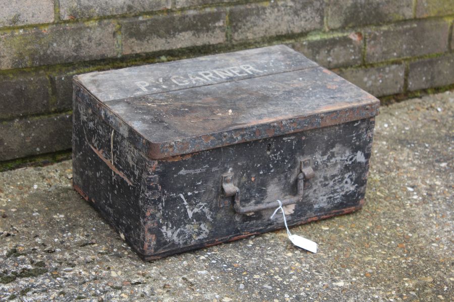 Black painted pine box, with metal bindings and handle, painted "P.Y. Garner" to the lid, 41cm wide