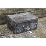 Black painted pine box, with metal bindings and handle, painted "P.Y. Garner" to the lid, 41cm wide