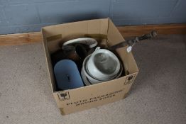 19th Century bed pan and copper jug, glass lampshade, bread bin, porcelain wares, and a tray (qty)