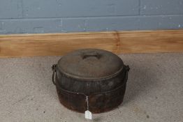 Cast metal cauldron, with swing handle and lift up lid approx. 33cm diameter