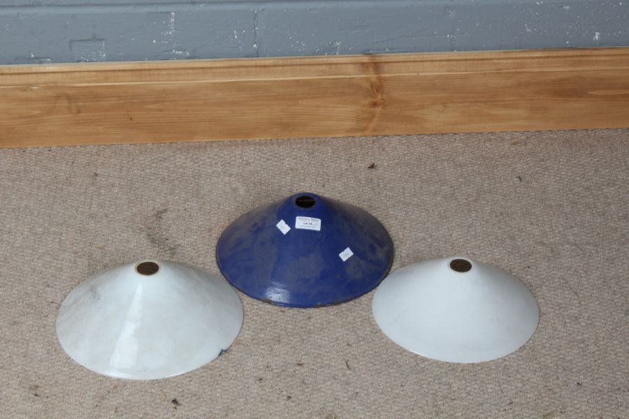 Blue enamel light shade, 25.5cm diameter, together with two milk glass shades, 25cm and 22.5cm - Image 2 of 2