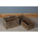 Two mid 20th century pine crates, reading 'Margarine; and 'Foreign Origin', 36cm and 53cm wide