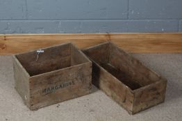 Two mid 20th century pine crates, reading 'Margarine; and 'Foreign Origin', 36cm and 53cm wide