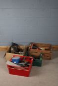Four boxes of various tools, to include drill bits, a Craftsman belt sander, an AEG drill etc. (4)