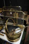 Brass coal scuttle, with a companion set, two fire screens, and other brass wares (qty)