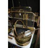 Brass coal scuttle, with a companion set, two fire screens, and other brass wares (qty)