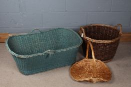 Wicker blue painted cot, wicker log basket and low basket (3)