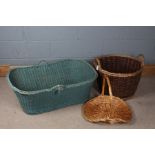Wicker blue painted cot, wicker log basket and low basket (3)