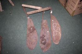 Two wooden handled hay knives, and a blade lacking handle (3)