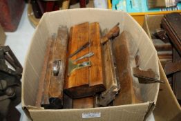 Collection of wooden moulding planes, stamped with various names to include W.E.W Dunn, Burley of