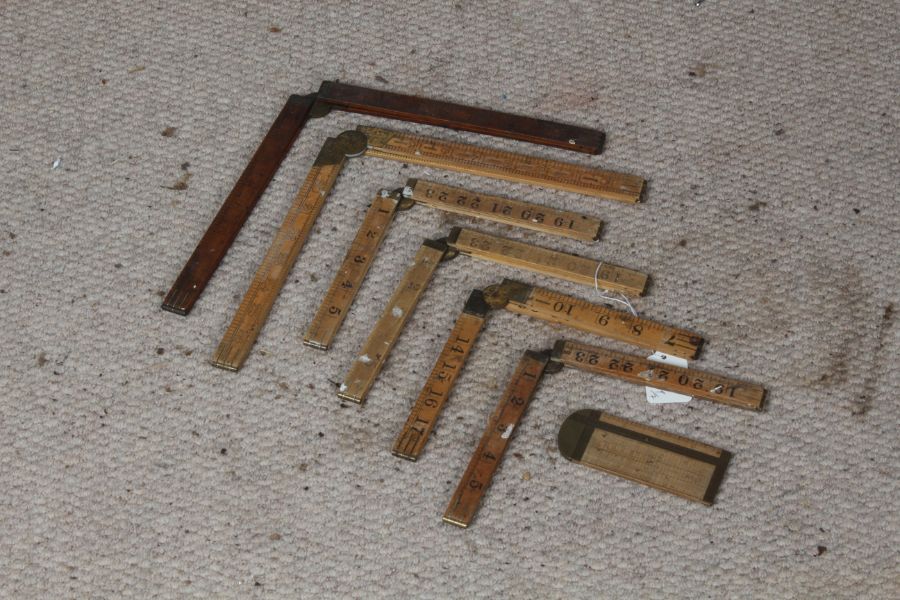 Collection of boxwood folding rules, to include Rabone, Schuil, and a rope gauge (7)