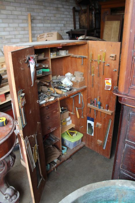 Wooden two door cupboard and contents of various hand tools, fittings, screws, drill bits etc. Qty) - Image 2 of 2