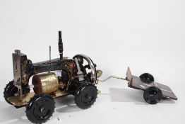 Novelty adapted sewing machine with engine, four wheel and a trailer