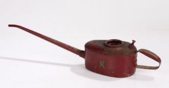 Kaye's Leeds oil can, with a long spout to the deep red can and company logo to one side, 56cm long