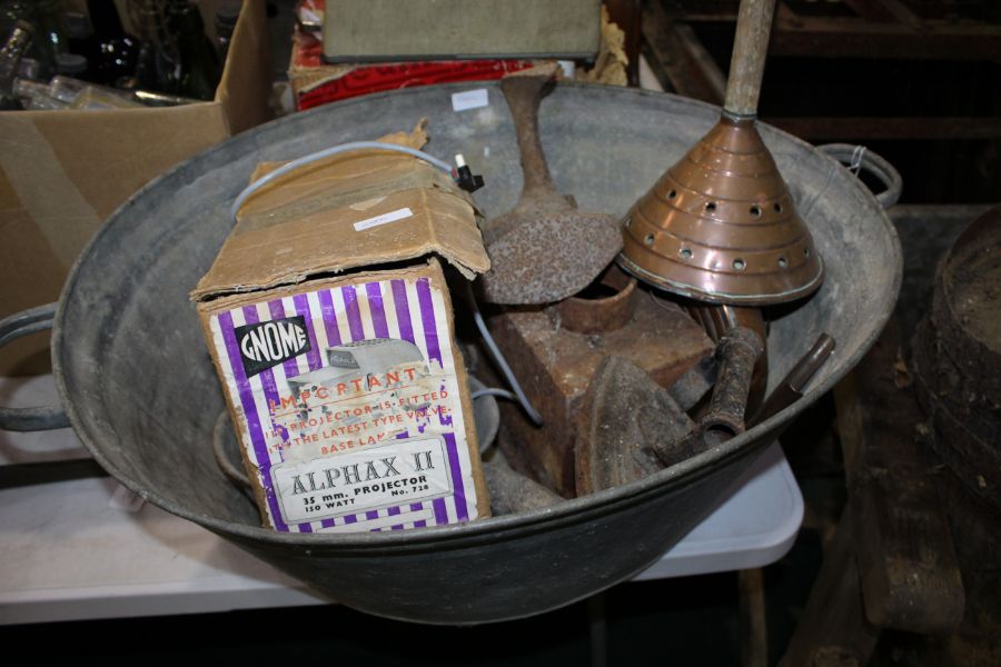 Twin handled galvanised bucket, copper plunger, flat iron, shoe, belt hole puncher, cast iron shoe