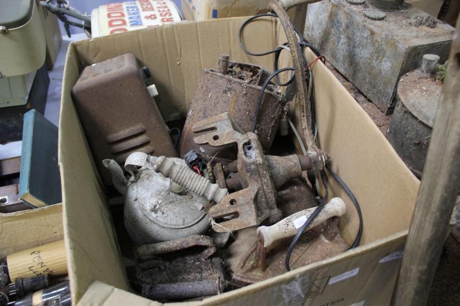 Collection of various metalware, to include an ammo box, a Beatrice box iron and two flat irons,