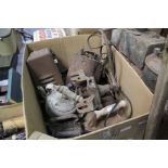 Collection of various metalware, to include an ammo box, a Beatrice box iron and two flat irons,