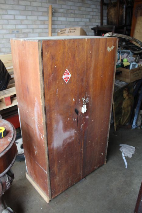 Wooden two door cupboard and contents of various hand tools, fittings, screws, drill bits etc. Qty)