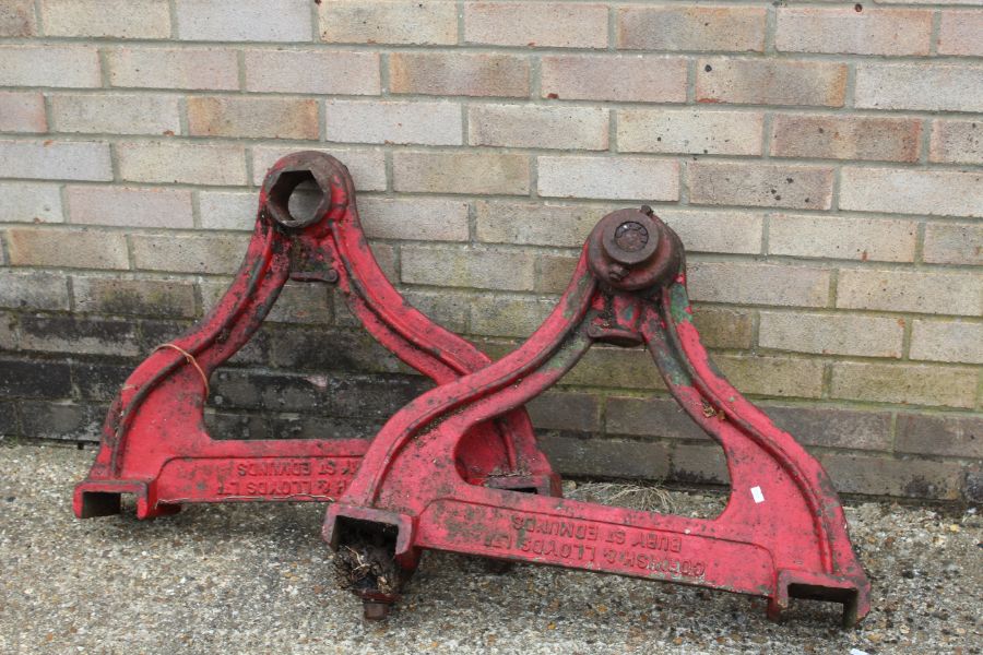 Cornish & Lloyds of Bury St Edmunds farm machinery rib roller ends, painted in red (2)