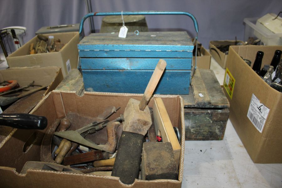 Collection of wooden handled tools, some marked, to include a maker's chest and a cantilever toolbox