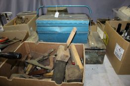 Collection of wooden handled tools, some marked, to include a maker's chest and a cantilever toolbox