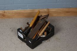 Box of various tools to include chisels, two moulding planes, tenon saw, whetstone etc. (qty)
