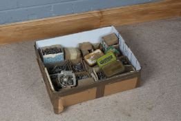 Box of assorted screws and a tin of drill bits (qty)