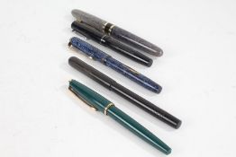 Five various fountain pens, to include a 'Jackdaw' self filling pen, Fields International, The '