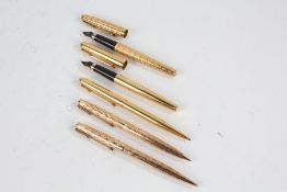 Parker - five various gold plated pens, to include two fountains, two ballpoints and a propelling