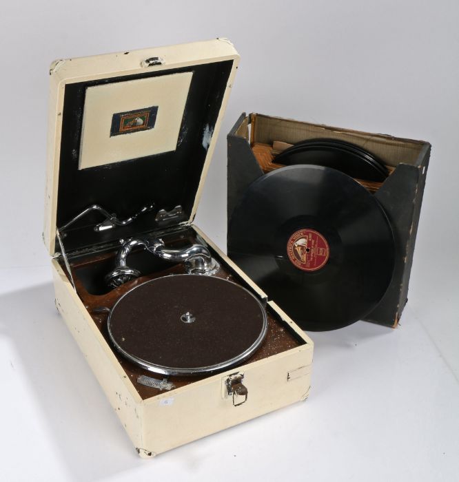 His Master's Voice portable gramophone together with case of 10" and 12" 78rpm shellac records,