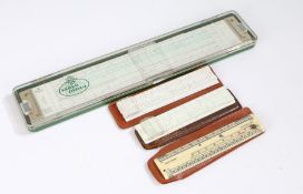 Faber Castell slide rule 2/83N, together with a Aristo slide rule, Andy-Square Armstrong Scale and a