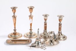 Silver plate on copper, to include pair of candlesticks, pair of telescopic candlesticks, similar