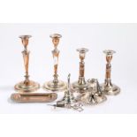 Silver plate on copper, to include pair of candlesticks, pair of telescopic candlesticks, similar