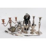 Silver plated ware, to include candlesticks, table lighter, tray, flatware etc.