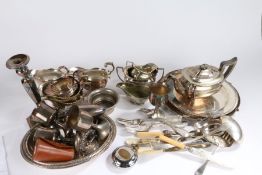 Silver plated ware, to include three piece tea set, salver, sauceboats, set of six cake forks,