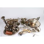 Silver plated ware, to include three piece tea set, salver, sauceboats, set of six cake forks,