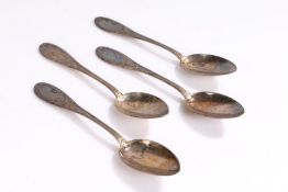 Four 800 silver teaspoons, with scroll cast handles, 2.1oz