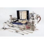 Silver plated ware to include teapot, bonbon dish, cased set of fish knives and forks, spill