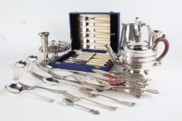 Silver plated ware to include teapot, bonbon dish, cased set of fish knives and forks, spill