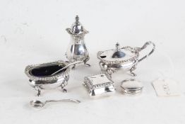 Two silver pill pots and covers, plated three piece condiment set, weighable silver 0.77oz