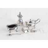Two silver pill pots and covers, plated three piece condiment set, weighable silver 0.77oz