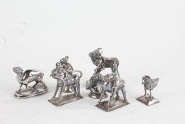 Collection of Indian white metal animals, to include camel, monkey, oxen, bird etc. (7)