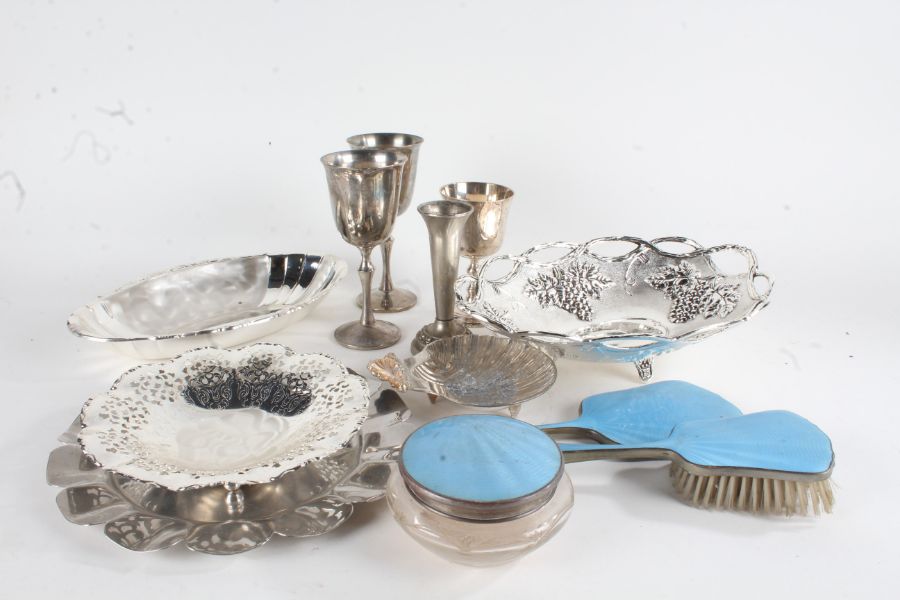 Silver plated ware, to include claret jug, condiment bottles, coasters, teapot, small chestnut