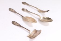 French silver fork and spoon, the handles with cast foliate and scroll decoration, monogrammed AR,