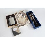 Silver sherry decanter label, silver napkin ring, Lancelot of Sheffield plated hip flask, boxed,