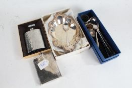 Silver sherry decanter label, silver napkin ring, Lancelot of Sheffield plated hip flask, boxed,