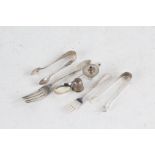 Silver, various dates and makers, to include two pairs of sugar tongs, two forks, teaspoon,