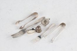 Silver, various dates and makers, to include two pairs of sugar tongs, two forks, teaspoon,